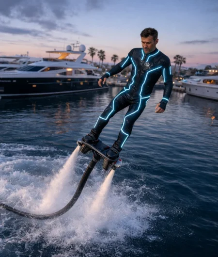 Full-length professional LED performance costume displayed on sportsman, RGB lights, black neopren material, IP67 waterproof rating for flyboard and water shows
